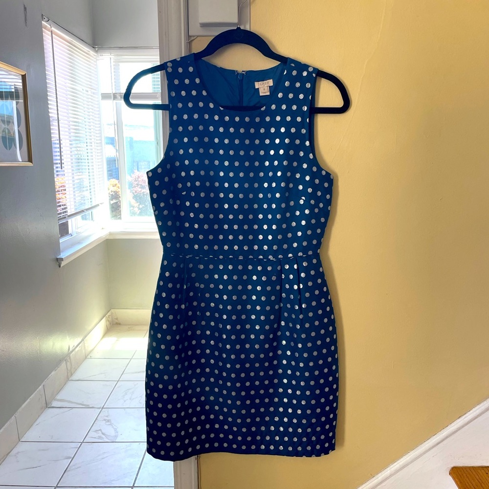 J.Crew Structured Navy and Silver Polka Dot Dress